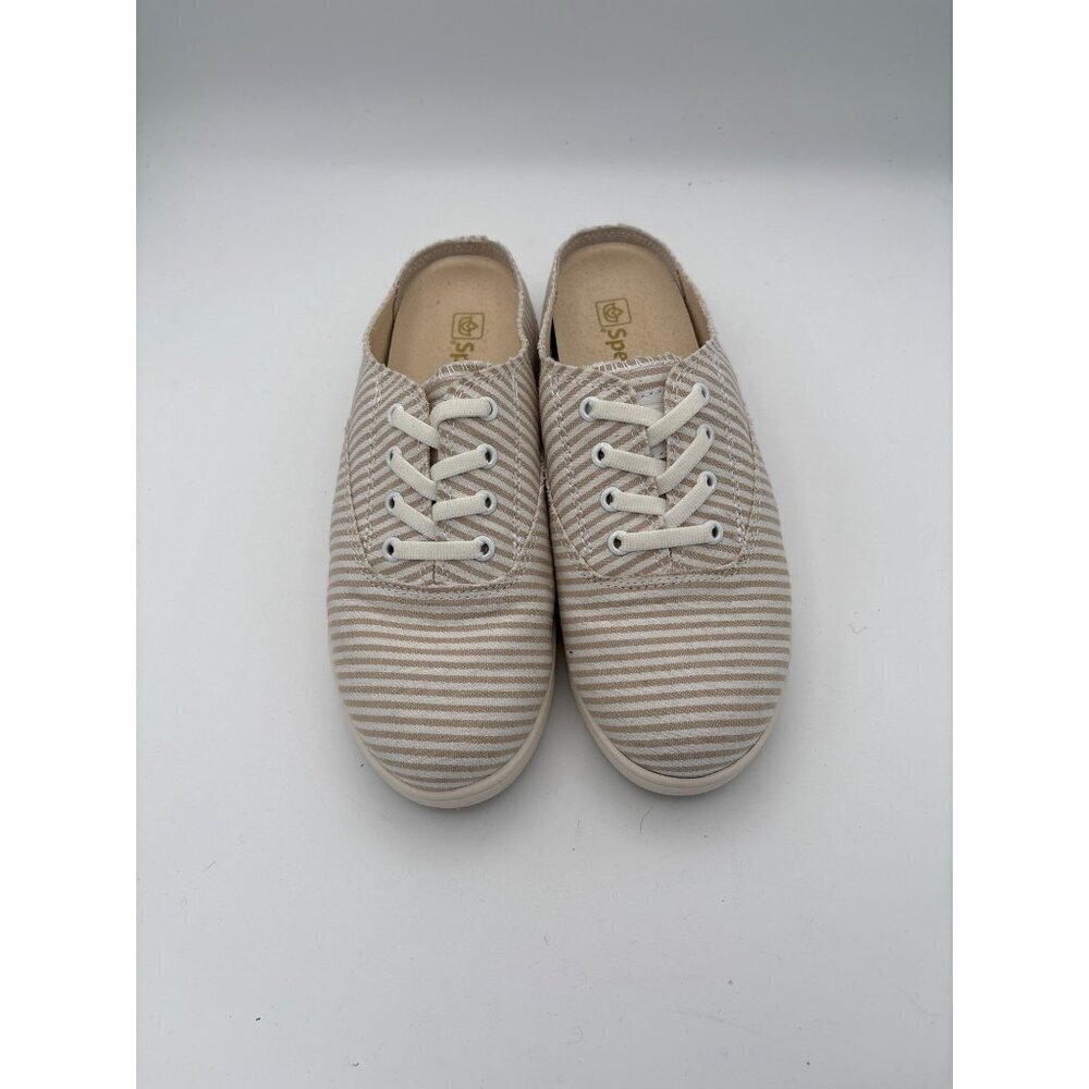 Spenco Womens 7 Slip-On Beige & White Striped Canvas Sneakers